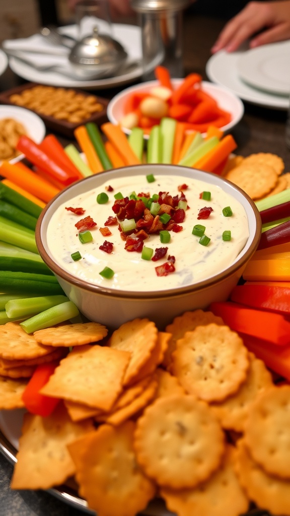 A colorful spread of appetizers with creamy dip, vegetable sticks, and crackers on a stylish table.